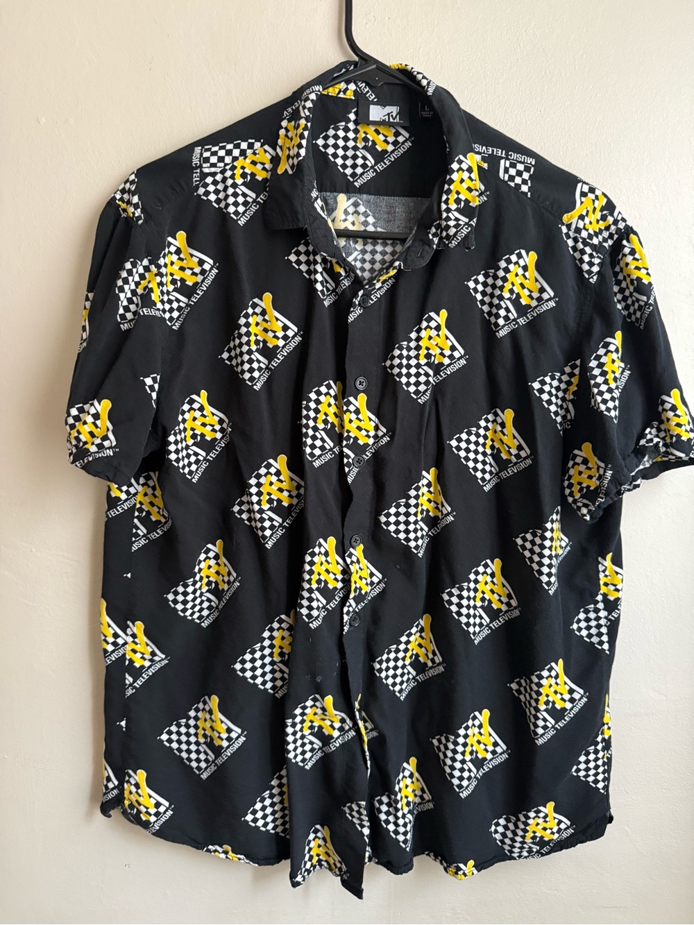 MTV Music Television Button Up Shirt Checkerboard Logo Print Size Large